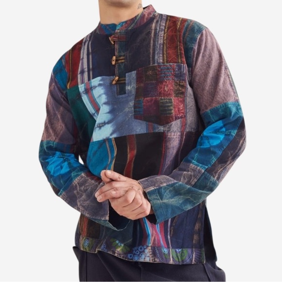 Earthbound Trading Overdyed Patchwork Toggle Henley Cotton Pullover Mens Size L - Picture 1 of 14